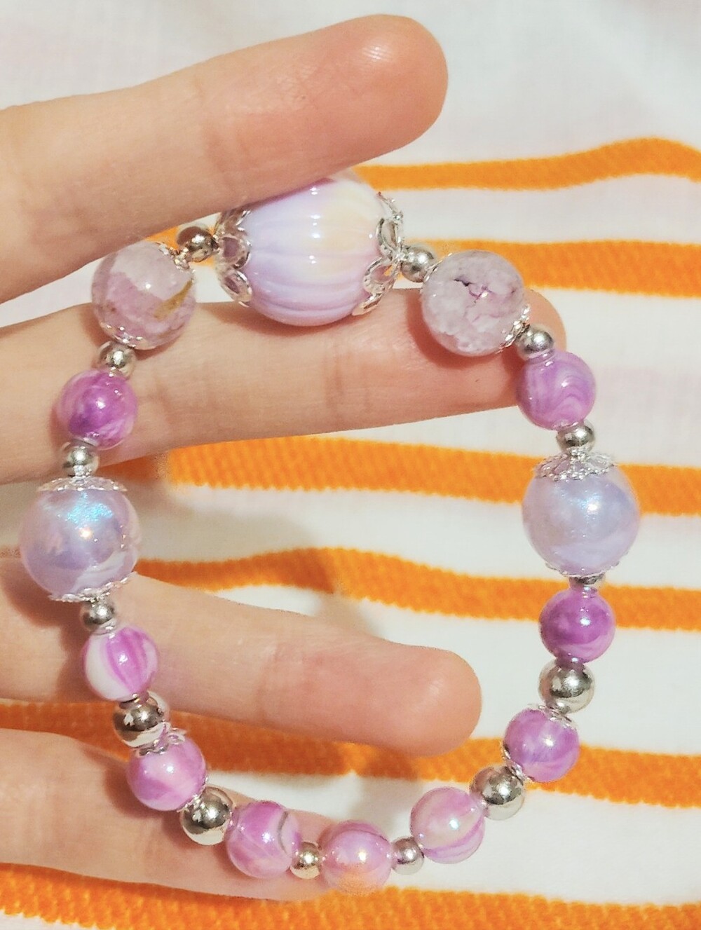 Handmade Bracelet One Of A Kind. Premium Glass / Acrylic. Purple Flower Bouquet